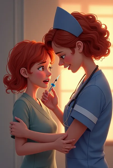 A red-haired, curly nurse is going to give a little girl an injection and the  is crying and her mother is holding her up. 
