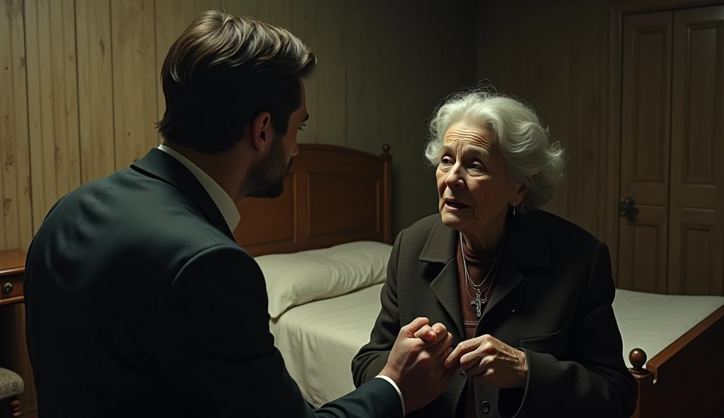 an old hotel room, with wooden walls and dim lighting. the room has a single bed, a gray wooden table and chair. a handsome London man talks to an elderly woman. the elderly woman looks worried and holds a necklace with a crucifix