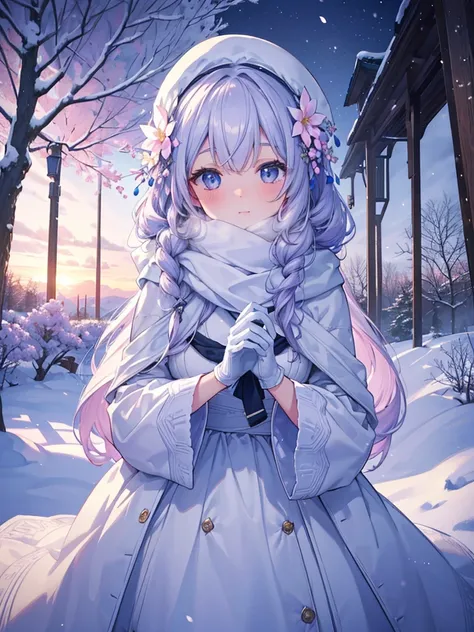 detailed snow-covered garden, beautiful blooming flowers, winter landscape, 1girl, long curly hair, serene expression, warm winter clothing, gloves, scarf, detailed facial features, (best quality,4k,8k,highres,masterpiece:1.2),ultra-detailed,stunning light...