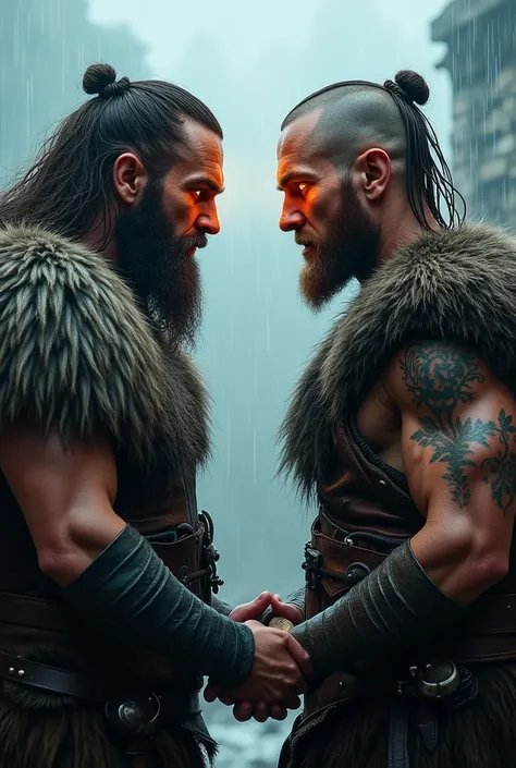 two Vikings shaking hands, one with long hair and a long beard, the other with short hair and no beard, both with scars on their faces. the one with the long beard should be a little thicker but muscular the other muscular and thinner. in the background it...