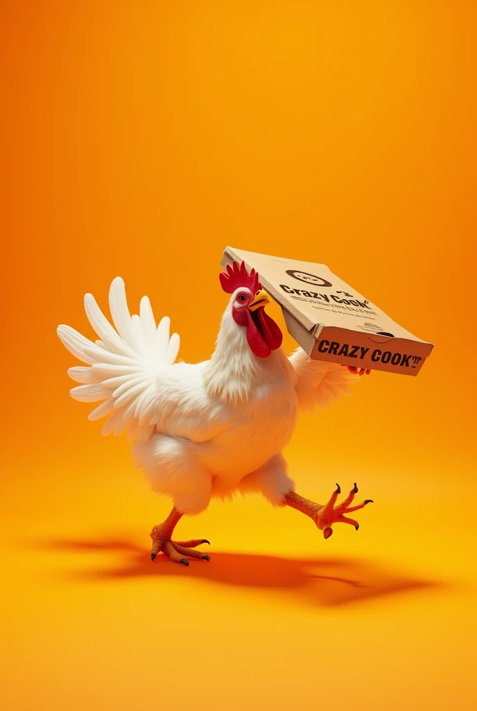 chicken running away with a pizza box named crazy cook with orange background
