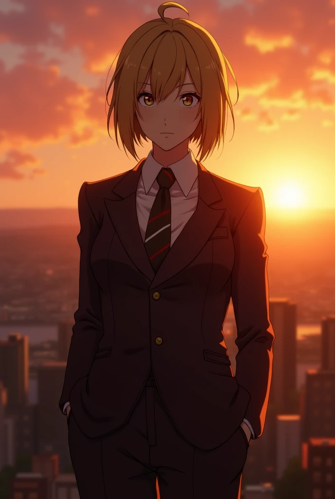 Violet Evergarden in a suit with the sunset behind her, that can only be seen from the waist up 