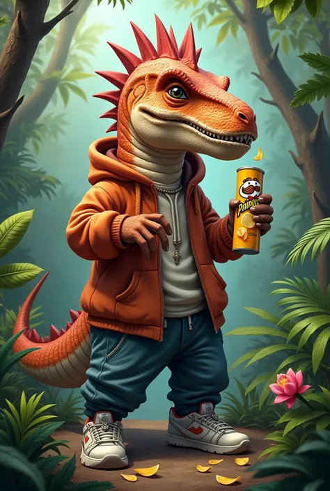 A spinosaurus in a jungle in Oaxaca eating Pringles and the spinosaurus is wearing comfortable hip hop style clothes