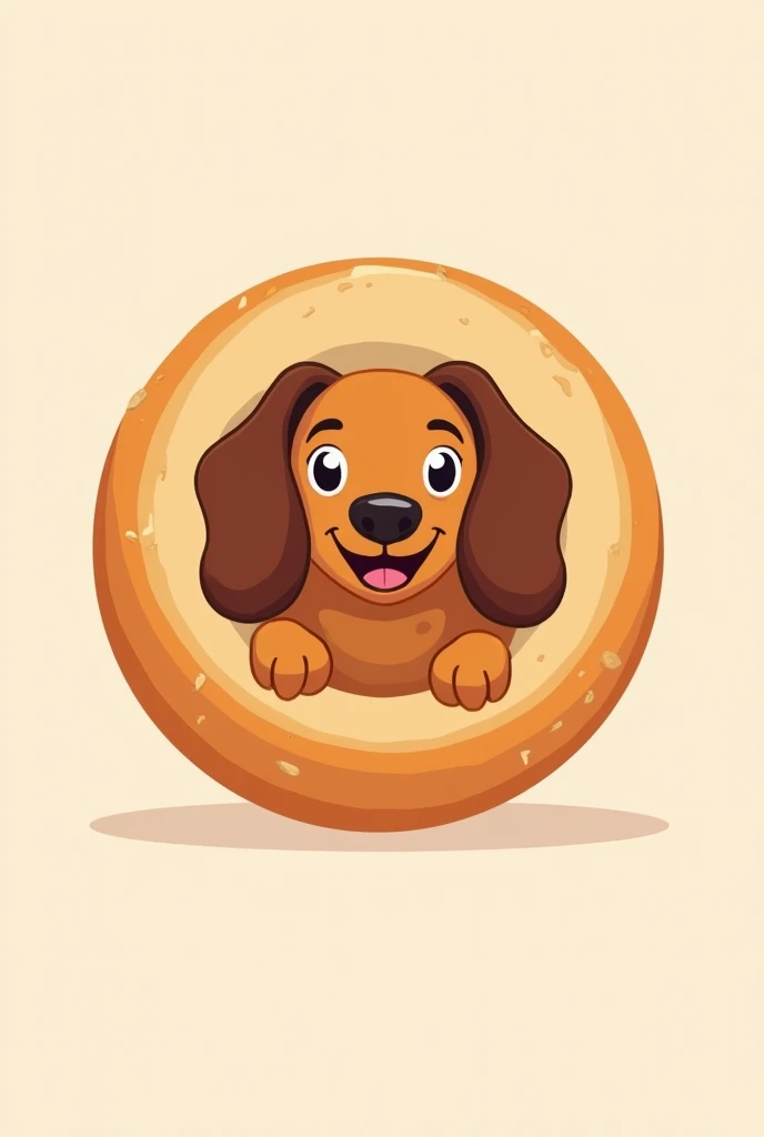 Give me a logo with a sausage dog inside a round hog dog bun 