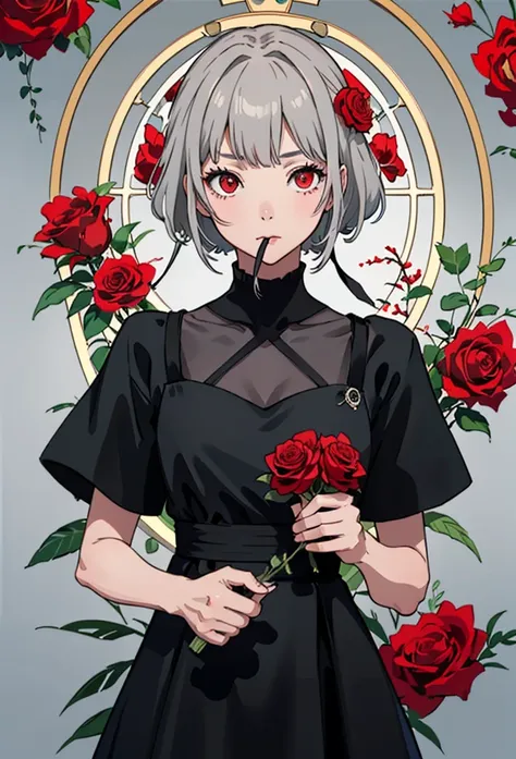 (highest quality, masterpiece), (one girl, alone, black dress, are standing , view your viewers, gray hair, red eyes, holding ro...