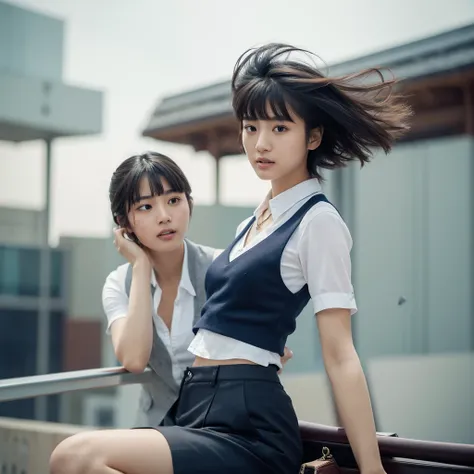 A beautiful young Asian woman, 20 years old, short black hair, with bangs, very pretty, wearing short office lady uniform vest, short pants, midriff, carrying a female handbag, necklace, sitting on a magic flying carpet, holding a piece of toast in mouth, ...