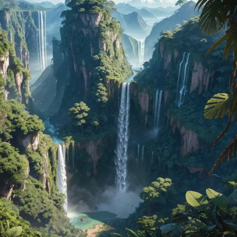 masterpiece, Best Quality, (Extremely detailed CG Unity 8k wallpapers), (Best Quality), (best illustrations), (best shadows), Earth suspended in the air with vines at the base. , with rainforest on both sides, with waterfalls falling from above, Isometric ...