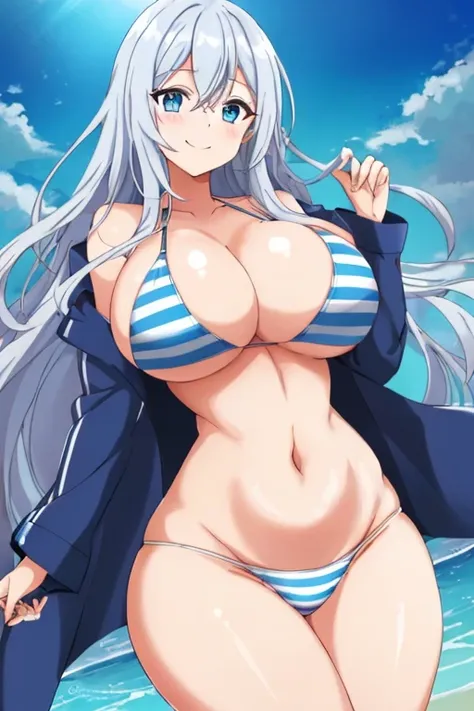 1girl, large breasts, thick thighs, wide hips, blue jacket, blue eyes, white hair, horizontal stripes, striped bikini, smile, happy, light smile, long hair, open jacket, bikini, 2d, anime style, anime screencap, epaulettes, (blue stripes), hourglass figure