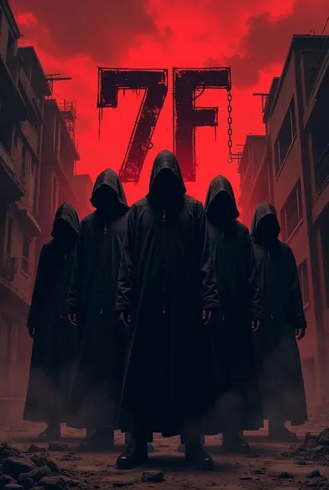 Image of several hooded and masked men all in black with t-chains in the ghetto with in a red sky a logo formed by the number 7 and the letter F stuck back to back written with the horror font