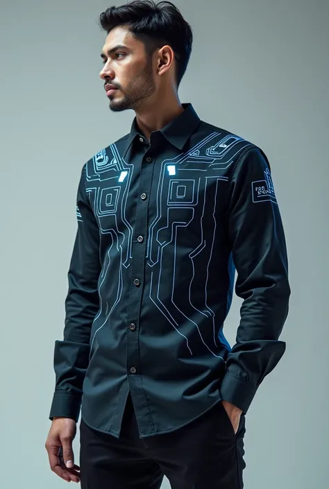 Futuristic shirt with electrical details just the shirt without anyone, no buttons, basic shirt
