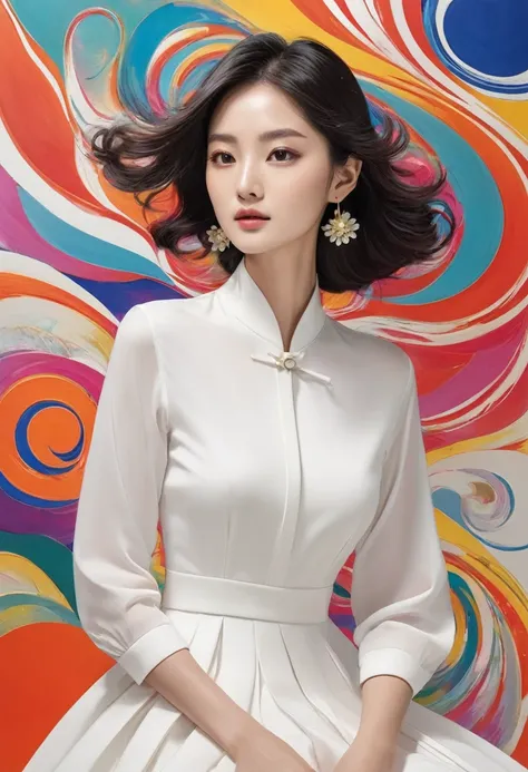 This work、A bold fusion of color and shape、It has a powerful visual that captivates the viewer.。 First、The woman depicted in the center is、I love the simple yet sophisticated white dress.。The design combines simplicity and elegance、It symbolizes timeless b...