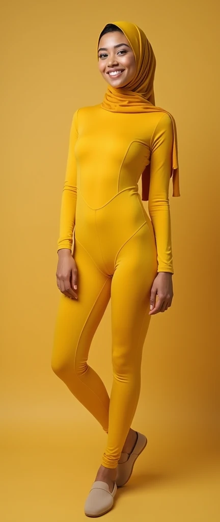 The most beautiful,thin,most pretty and clever Malaysian muslimah adult girl wears yellow and gold lycra turtleneck unitard catsuit.She always wear yellow and gold lycra dancewear stretchy square hijab.