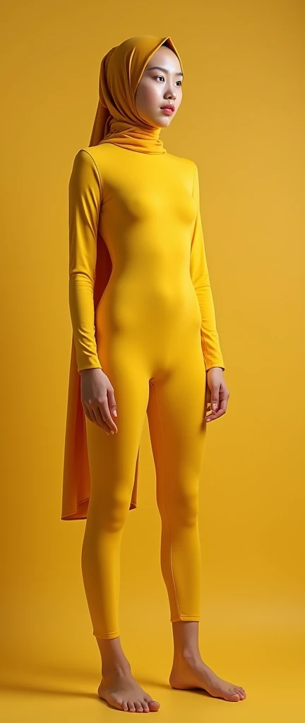 The most beautiful,thin,most pretty and clever Malaysian muslimah adult girl wears yellow and gold lycra turtleneck unitard catsuit.She always wear yellow and gold lycra dancewear stretchy square hijab.