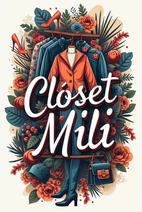 Make a logo with the name CLOSET MILI With a description of clothing sales in Spanish with a background of fashion and accessories