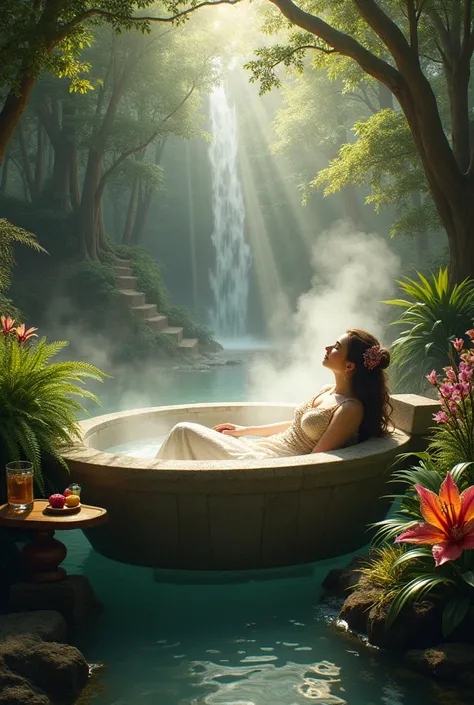 A regal queen, adorned in an elegant, flowing gown made of shimmering fabrics that complement the surrounding natural beauty, reclining gracefully in a luxurious stone bathtub. The tub is filled to the brim with steaming, crystal-clear water from a nearby ...