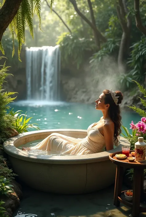 A regal queen, adorned in an elegant, flowing gown made of shimmering fabrics that complement the surrounding natural beauty, reclining gracefully in a luxurious stone bathtub. The tub is filled to the brim with steaming, crystal-clear water from a nearby ...