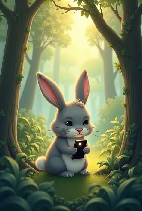 Drawing of a Bunny in the forest using her cell phone and getting sad 