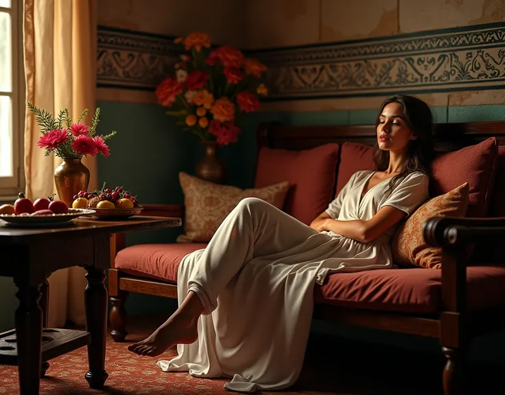 A Moorish woman sleeping on a wooden sofa, her feet almost bare, there is Andalusian tiles on the wall, above the table there is a plate of delicious fruits, and various flowers, dramatic lighting, wonderful color tones, moody, cinematic, (Best quality, ve...