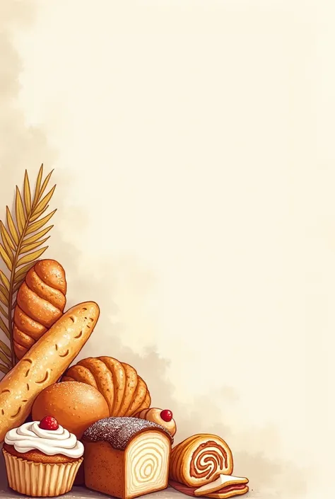 Create a background image for a login screen for a bakery website that refers to breads and pastries and cakes, that only has drawings on the left side, It has to be in computer format