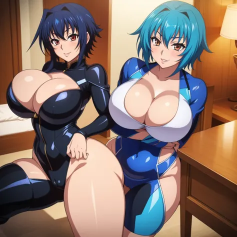 Highschool Dxd, Xenovia Quarta, 1girl, (((bimbo))), short blue hair, puffy lips, painted lips, thick lips, wide hips, thick thighs, big breast, huge ass, revealing cleavage, erotic, Smile face, bubble butt, camel toe, Breasts, Black suit