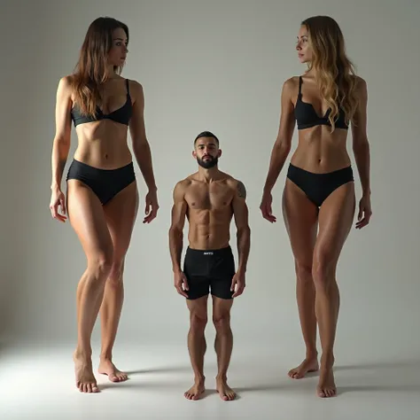 Two Very Tall girls in the left and right, short man in the middle, the two girls are much taller than the man, girls are models, girls are ring girls, man is an mma fighters, girls are topless and only wearing shorts, man is shirtless and wearing black sh...