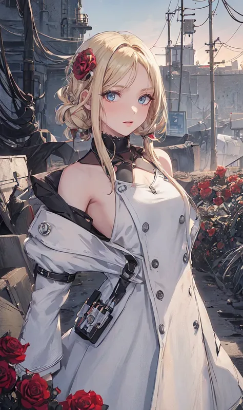 Abandoned industrial city in winter background,(White and light red,：2.0),Issued card,Standing in close-up,Dream world,Facial blemishes,(((Shoulder-length blonde))),(((Center-parted bangs))),(((Black rose hair ornament))),(((Confident々Face))),(Slender blue...