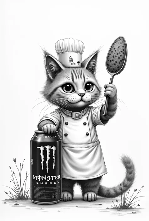 a cat with a burger *fasfu burgers* collaborating with the Monster Energy company drawn in black and white pencil, more striking than for an advertisement 
