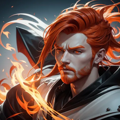 a close-up of a man with orange hair and a white face, digitl art inspired by Yanjun Cheng, zbrush central contest winner, digitl art, handsome guy in demon slayer art, mane of fire and flames, fire hair, digitl art detalhada de anime, flaming hair, fantas...