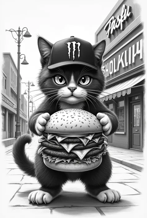 a cat with a burger *fasfu burgers* collaborating with the Monster Energy company, drawn in black and white pencil, more striking and advertising for a building

