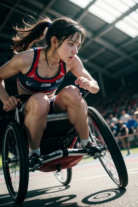 [A female athlete seen from the side in a red and blue racing wheelchair leans forward, pushing off the starting line with intense focus and determination, her face contorted with effort. The other athletes are blurred in the background, highlighting her a...