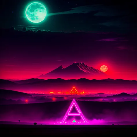 hyrule field from the legend of zelda with futuristic look and neon lights and blood moon in the background