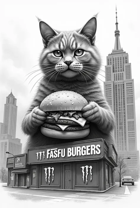 a cat with a burger *fasfu burgers* collaborating with the Monster Energy company, drawn in black and white pencil, more striking, and advertising for a somewhat more striking building

