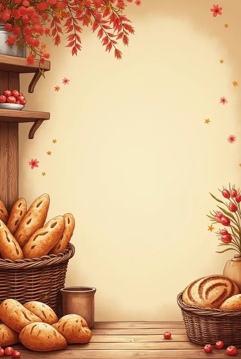 Create a background image for a bakery that is reminiscent of bread, wheat and cakes, that only has drawings on the left side, must be in size 1440 x 1024, use red tones, Yellow and brown, the image must be lying down and the drawing must be of a flowerbed...