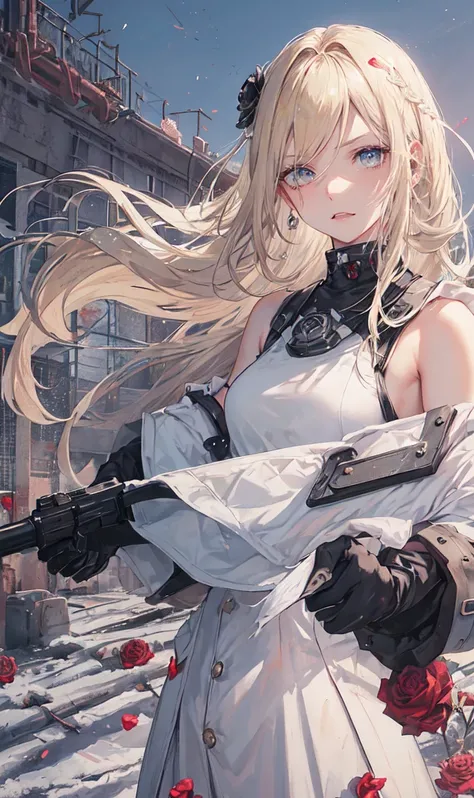 Abandoned industrial city in winter background,(White and light red,：2.0),Issued card,Standing in close-up,Dream world,Facial blemishes,(((Shoulder-length blonde hair))),(((Center-parted bangs))),(((Black rose hair ornament))),(((Angry face))),(Slender blu...