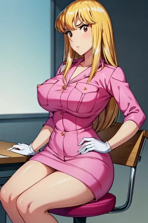 nsfw:1.5, 10 heads, anime style, policewoman, (female police officer), pink uniform, pink high heels, old policewoman hat, super short miniskirt, erect nipples, cleavage: 1.5, ((showing her) breasts) ), (beautiful saggy medium boobs: 1.5), (mature woman), ...