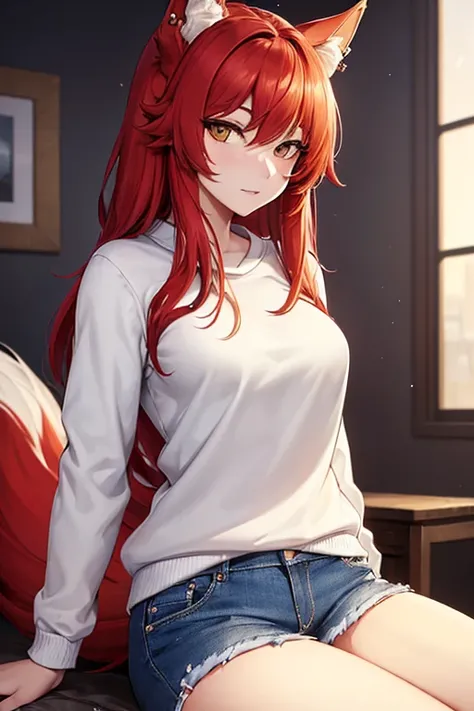 (work of art, Maximum quality, best qualityer, offcial art, beautiful and aesthetic:1.2) A She-Wolf, white wolf ears, Red hair, wolf tail, white fur, gold eyes, Wearing a Black Sweatshirt and Blue Jeans.