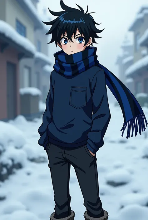 A teenage boy, He has messy black hair, dark blue eyes, white skin tone, blue and black striped scarf, black pants, men&#39;s black winter boots, dark blue cold weather blouse with pocket, drawing style of the Anime Jujutsu Kaisen by Author Gege Akutami.