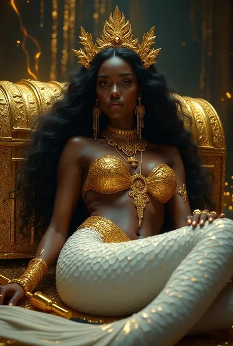 Black woman. Mermaid. White tail. Upper Body encrusted in gold. Golden eyes. Sultry look. Lays in a dark lair. Long black hair that reaches her feet. Golden crown on head that reaches her forehead. Long golden earrings. Full Finger Chinese style gold rings...