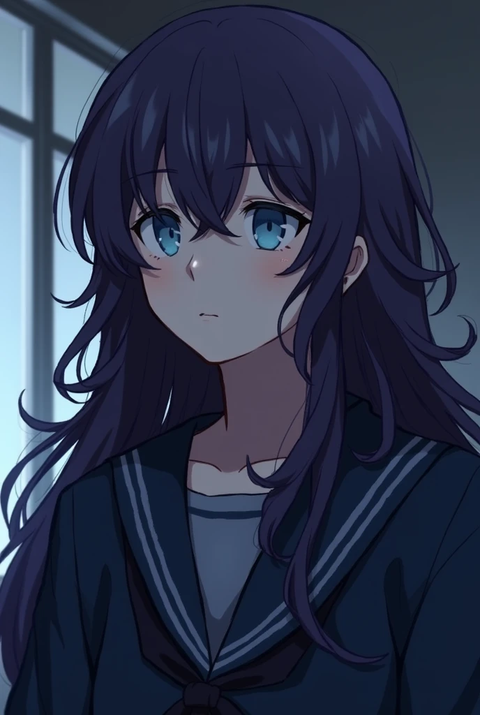 , like , long wavy dark violet hair, blue eyes, He wears a navy blue school uniform, He is sad. anime style.