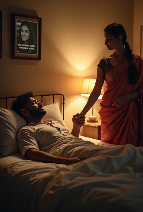 **Instagram Reel Prompt:**

"Create a heartfelt scene for an Instagram reel confession. Visualize  man lying in bed,  but theres a soft, hopeful light around him. His wife, beautiful and independent woman, dressed in a traditional saree stands beside him w...