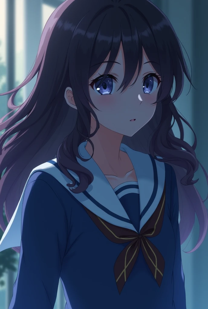 , like , slightly dark violet hair, also long and wavy, blue eyes, He wears a blue school uniform, She is scared. anime style.