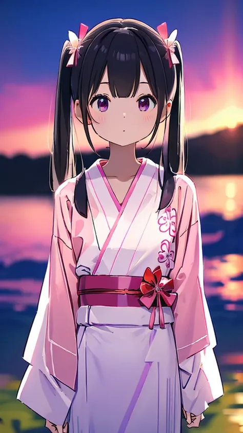 black hair、refreshing、gravure idol-like background、half twin tail、clear、cute summer yukata、a pale white and pink yukata、summer n...