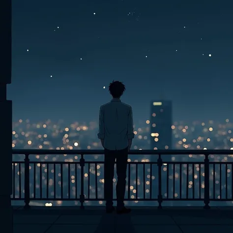 a man in thinking of a woman, sad, night, pokerface, city, terrace, standing, anime