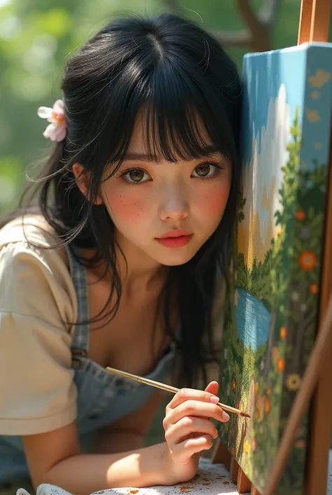 Pretty Young woman, drawing a landscape, with fleckles and black air with bangs, brown and big eyes