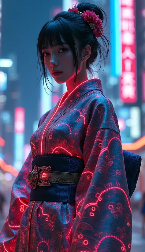 Japanese traditional clothing, Katsushika Hokusai Style, (cyber punk) (neon), Ukiyo-e