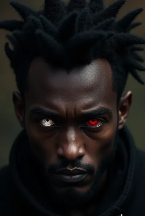 A dark-skinned man with spiky black hair with one white eye and one red eye