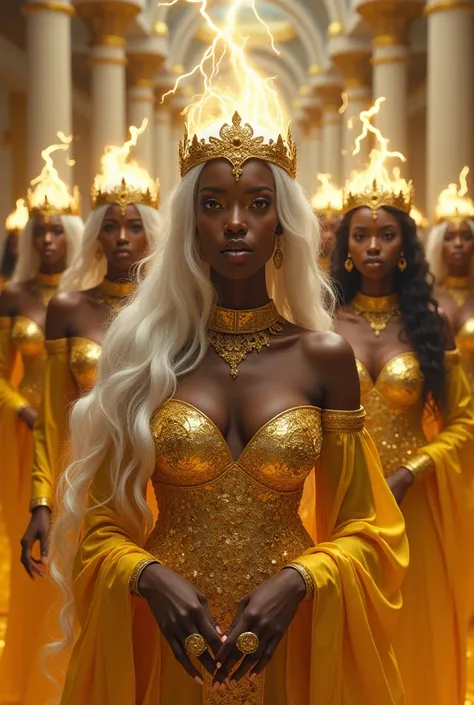 8 Black women in a golden and white hall. Upper Body encrusted in gold. Golden eyes. Sultry look. Long white hair that reaches her feet. Golden crown on head that reaches her forehead. Long golden earrings. Full Finger Chinese style gold rings. Filled with...