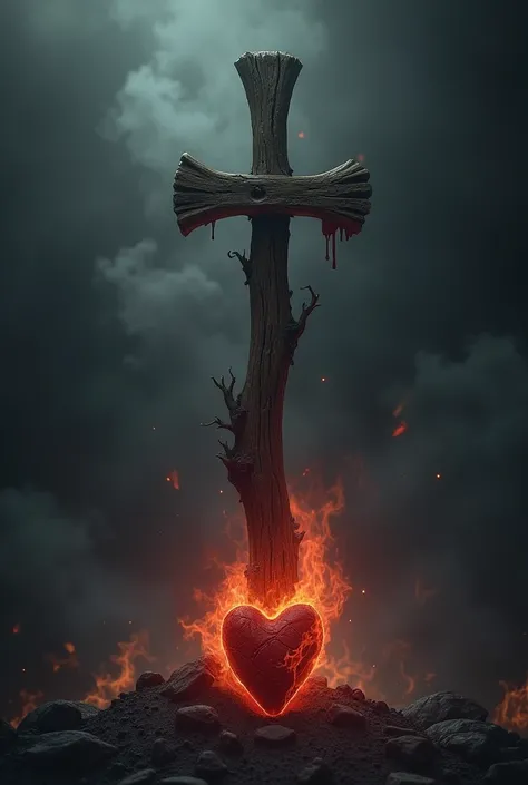 Draw a wooden stake pointing towards a heart surrounded by dark shadows or flames, symbolizing evil.