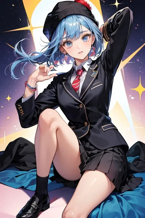 she changed her clothes to the black blazer, tie and skirt, the uniform of Suzuran Junior High. However, her tie is red. Her socks were made light blue and calf-high with a single stripe, and her hat is now in the form of a beanie. Her bracelet is now worn...