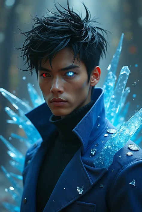 A young man with tan skin and spiky black hair,one white eye and one red,a blue overcoat and shards of glass wrapped around it